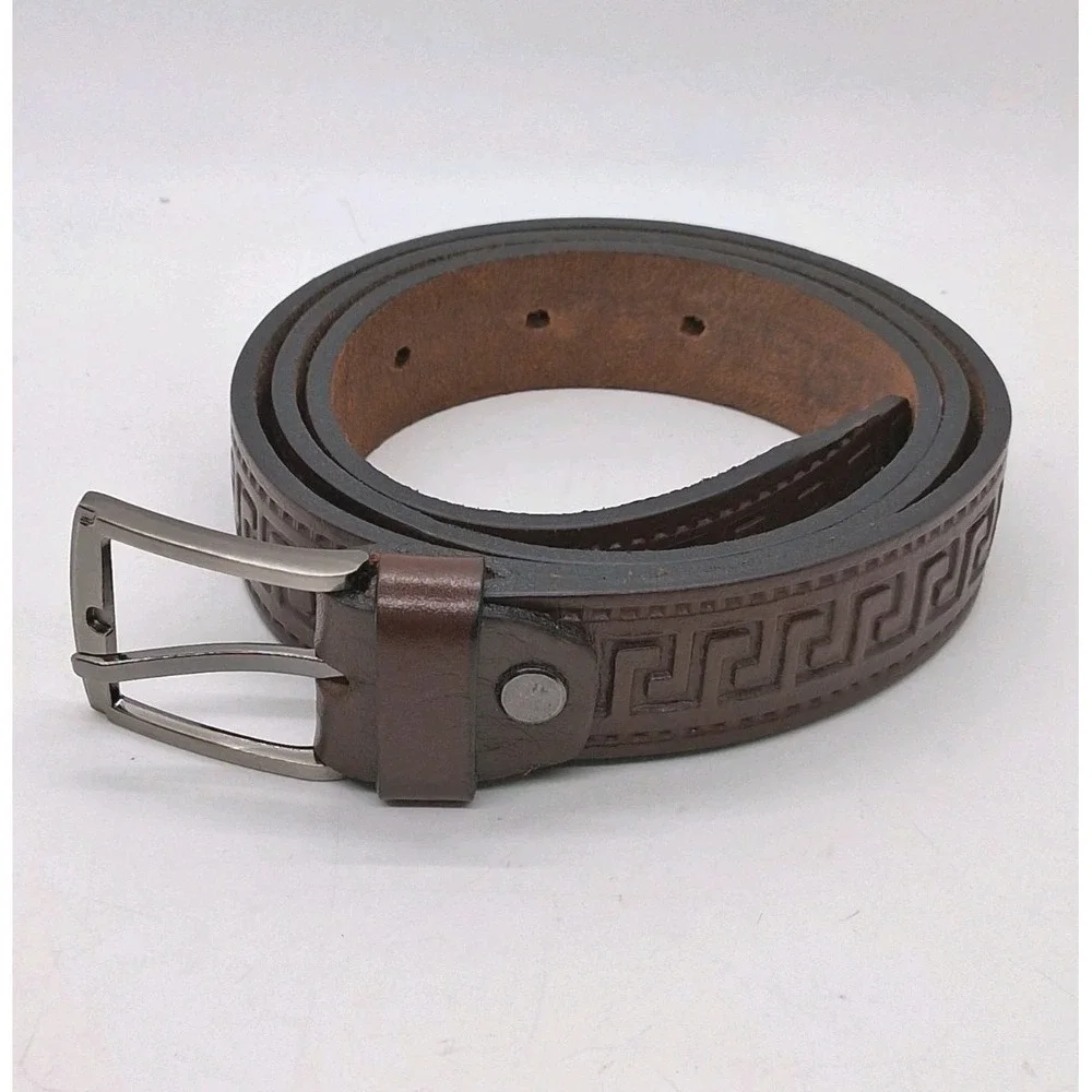 Made in Greece Real Leather Belt Mens Brown Greek Key Western 35-30
